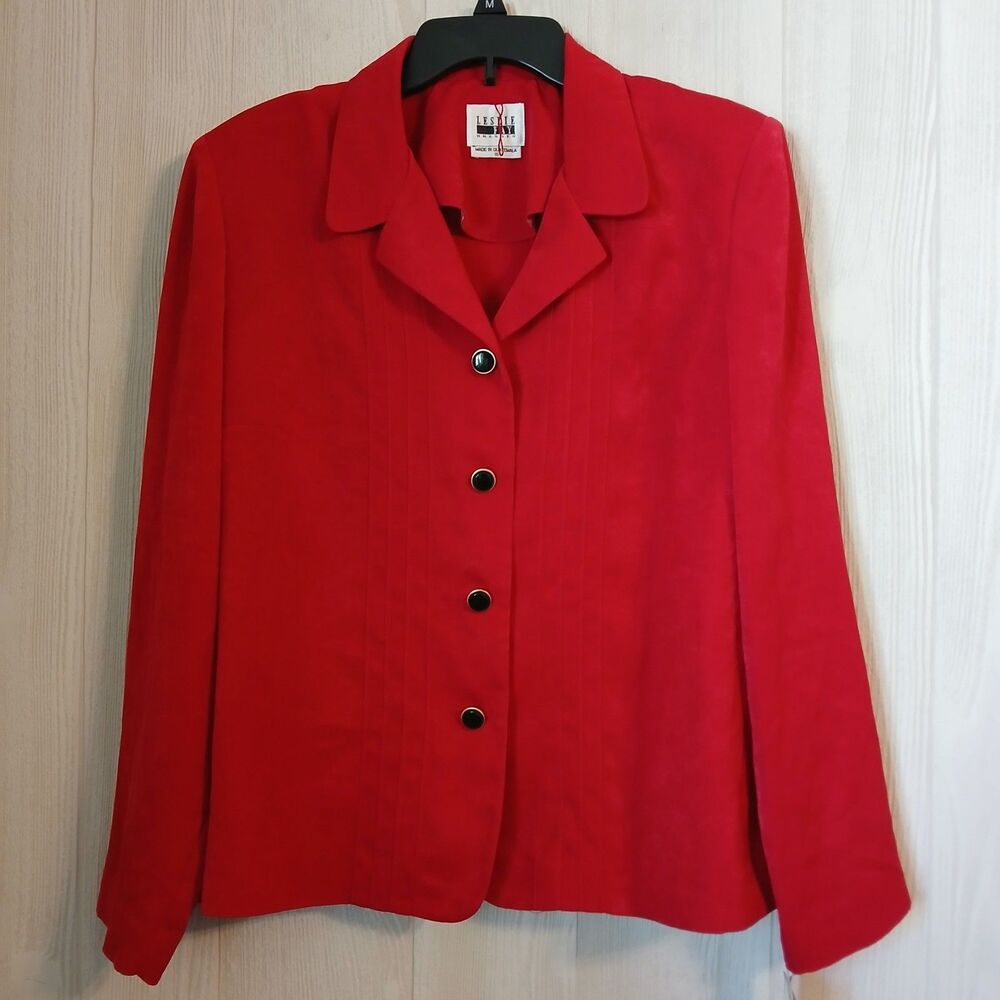 Vintage Leslie Fay Women Size 16 Red Padded Shoulder Button Down Blazer Jacket